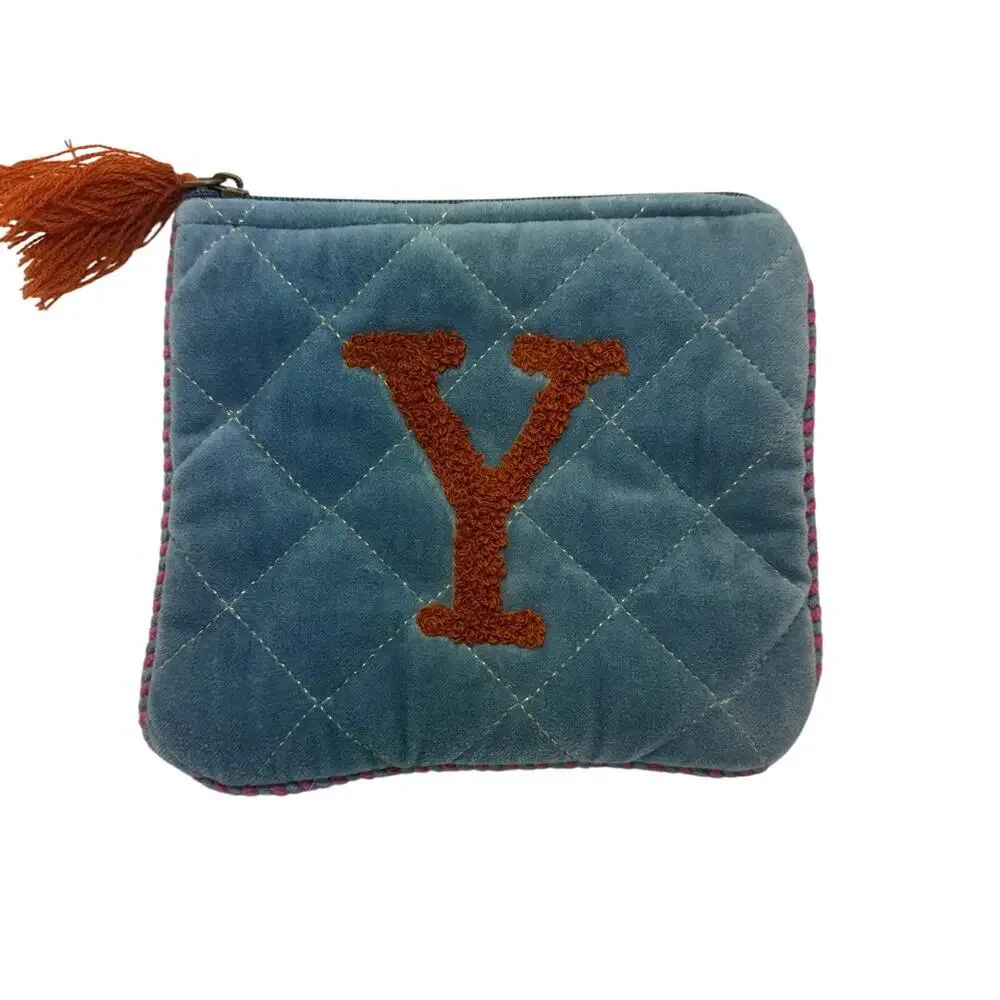 Hand‎ embroidered initial velvet pouch with tassel and the letter ‘Y’